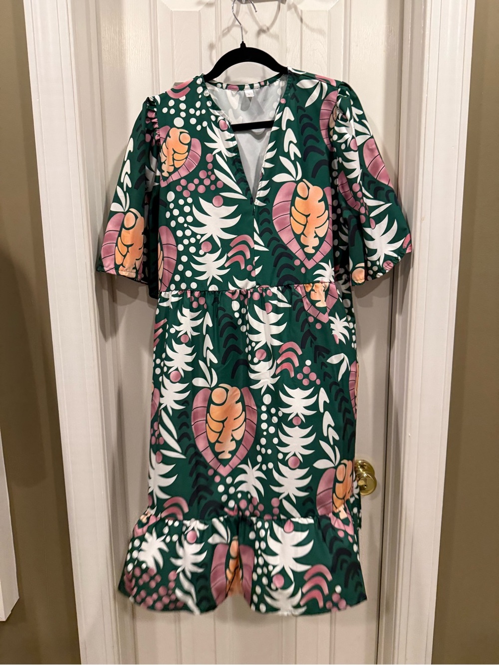 Green Floral Midi Dress with Pink and Peach Accents